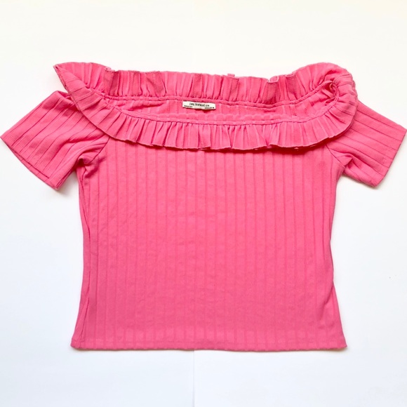 Barbie pink off-the-shoulder ribbed ruffled top - Picture 7 of 8